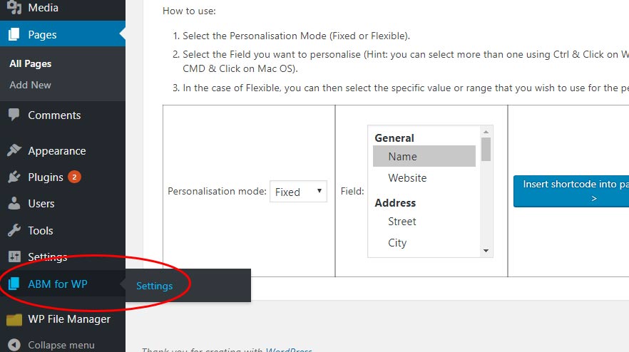 ABM for WP how to locate settings